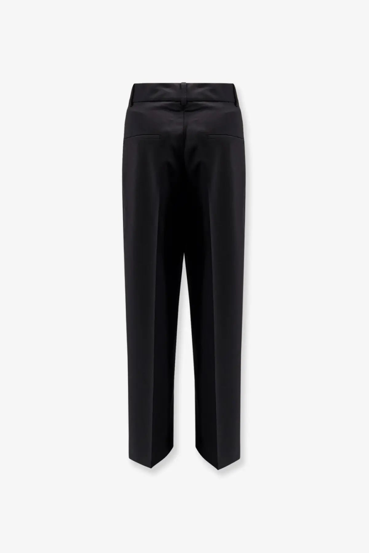 Black wool blend rohe women’s midwaist trousers with a sleek straight-leg cut and subtle back pleats shown from the back