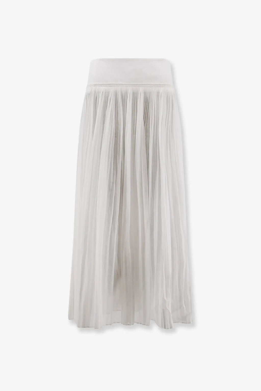 A flowing white pleated cotton midi skirt with lightweight fabric and elastic waistband from Rohe women’s collection