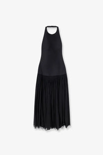 Rohe women’s black halter-neck midi dress with sleek fitted bodice and flowing pleated skirt