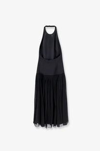 Rohe women’s black halter-neck midi dress with structured bodice and flowing pleated skirt in lightweight fabric