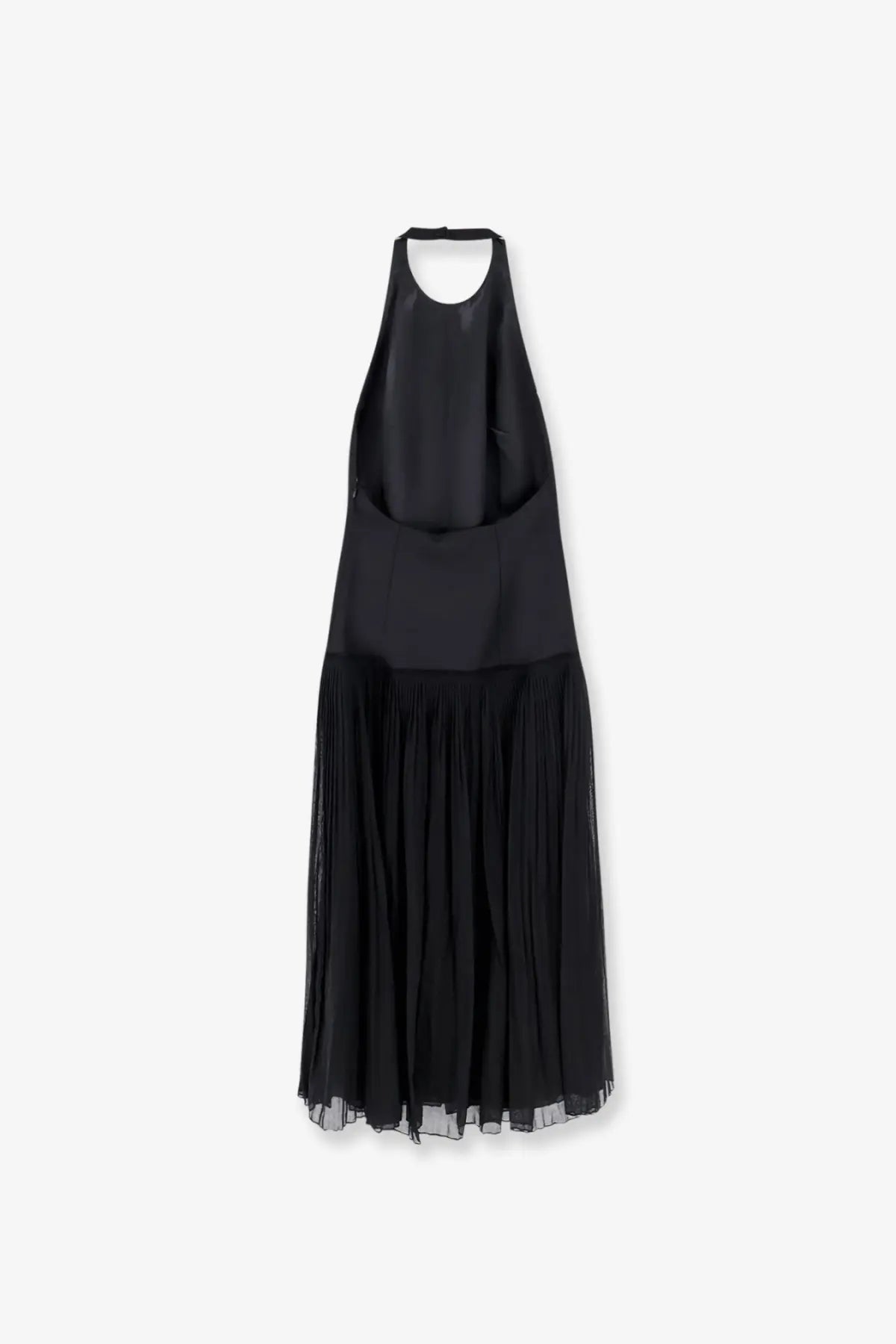 Rohe women’s pleated long dress black featuring a black halter neck structured bodice and flowing pleated midi skirt