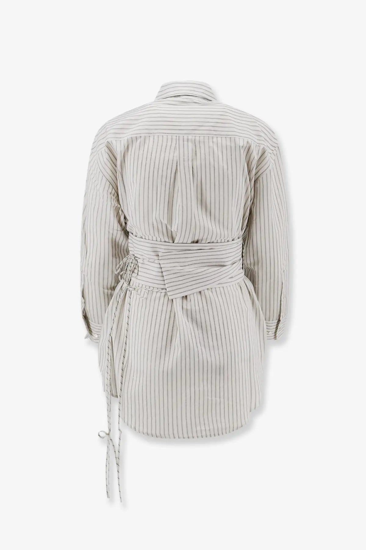 Rohe women’s silk and cotton blend beige and black striped long-sleeved shirt dress with self-tie belt at waist