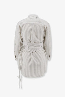 Rohe women’s silk and cotton blend beige and black striped long-sleeved shirt dress with self-tie belt at waist