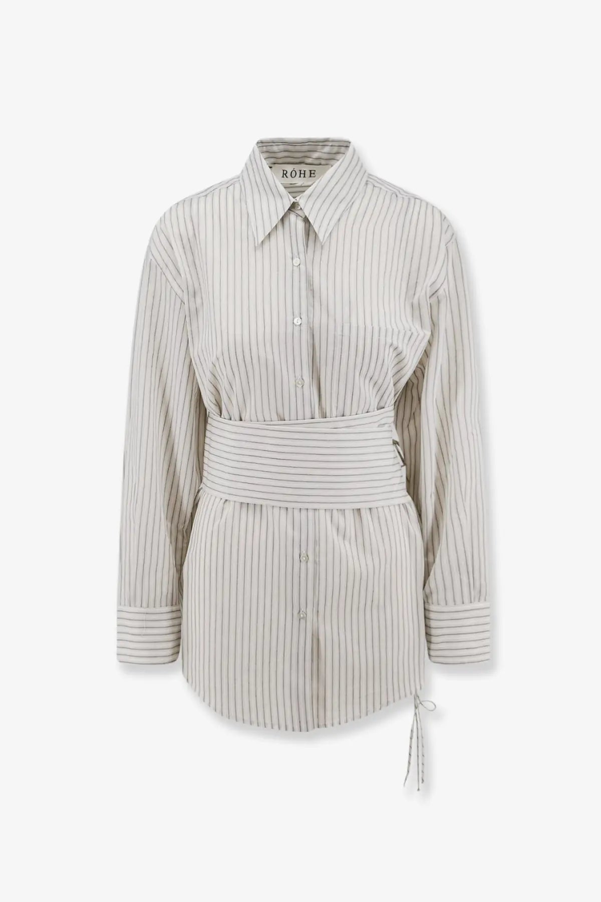 Rohe women’s silk and cotton blend shirt in beige and black vertical stripes with belted waist and brand name on collar