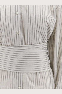 A fitted long-sleeved light and dark gray pinstripe dress with matching belt in silk and cotton blend by Rohe women