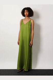 Rohe women’s silk dress green flowing olive green maxi with thin spaghetti straps and v-neckline