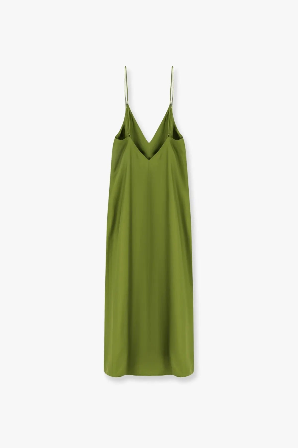 A sleek olive green silk slip dress with thin spaghetti straps and a deep v-neckline from Rohe women’s collection