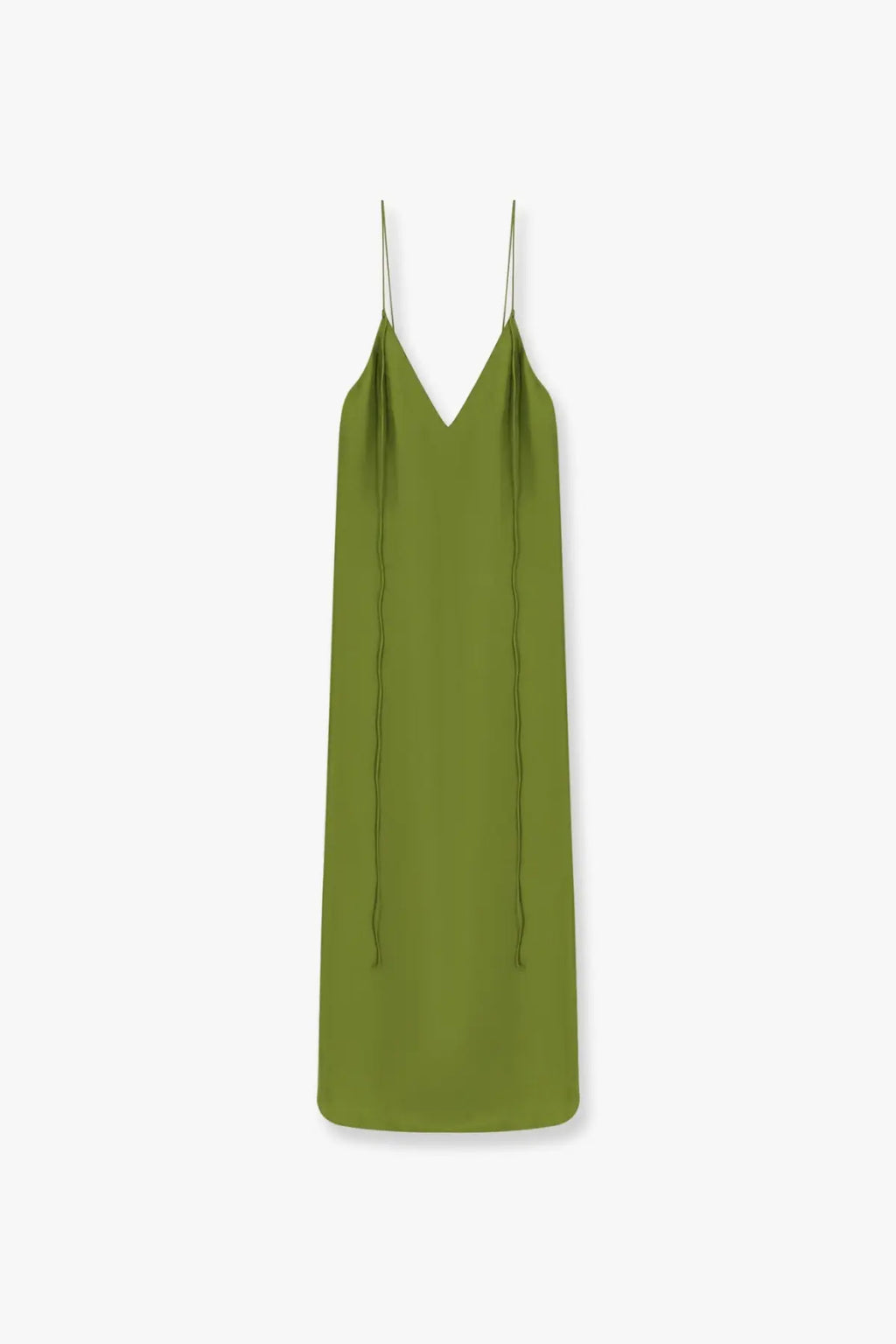 A sleek olive green silk slip dress with thin spaghetti straps and a deep v-neckline by Rohe women’s silk dress green
