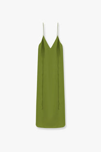 A sleek olive green silk slip dress with thin spaghetti straps and a deep v-neckline by Rohe women’s silk dress green