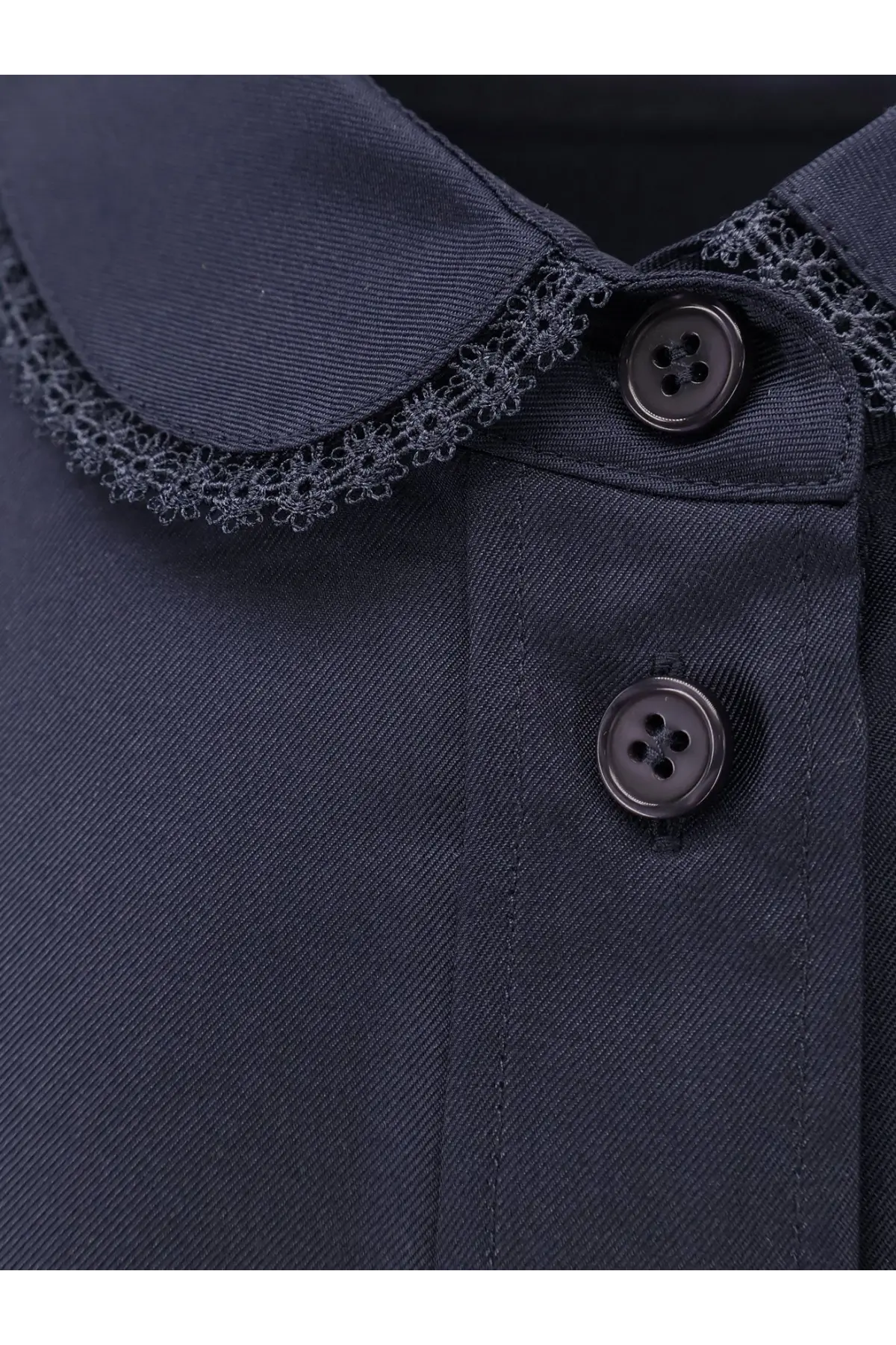Rohe women’s silk shirt black in dark navy blue with delicate black lace trim collar and dark matching buttons
