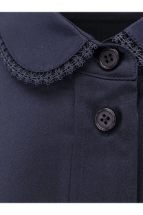 Dark navy blue silk women’s shirt with black lace trim along the collar and matching dark buttons by Rohe