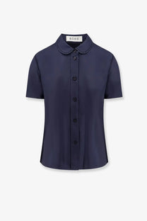 Rohe women’s silk navy blue short-sleeved shirt with lace-trimmed collar and matching buttons