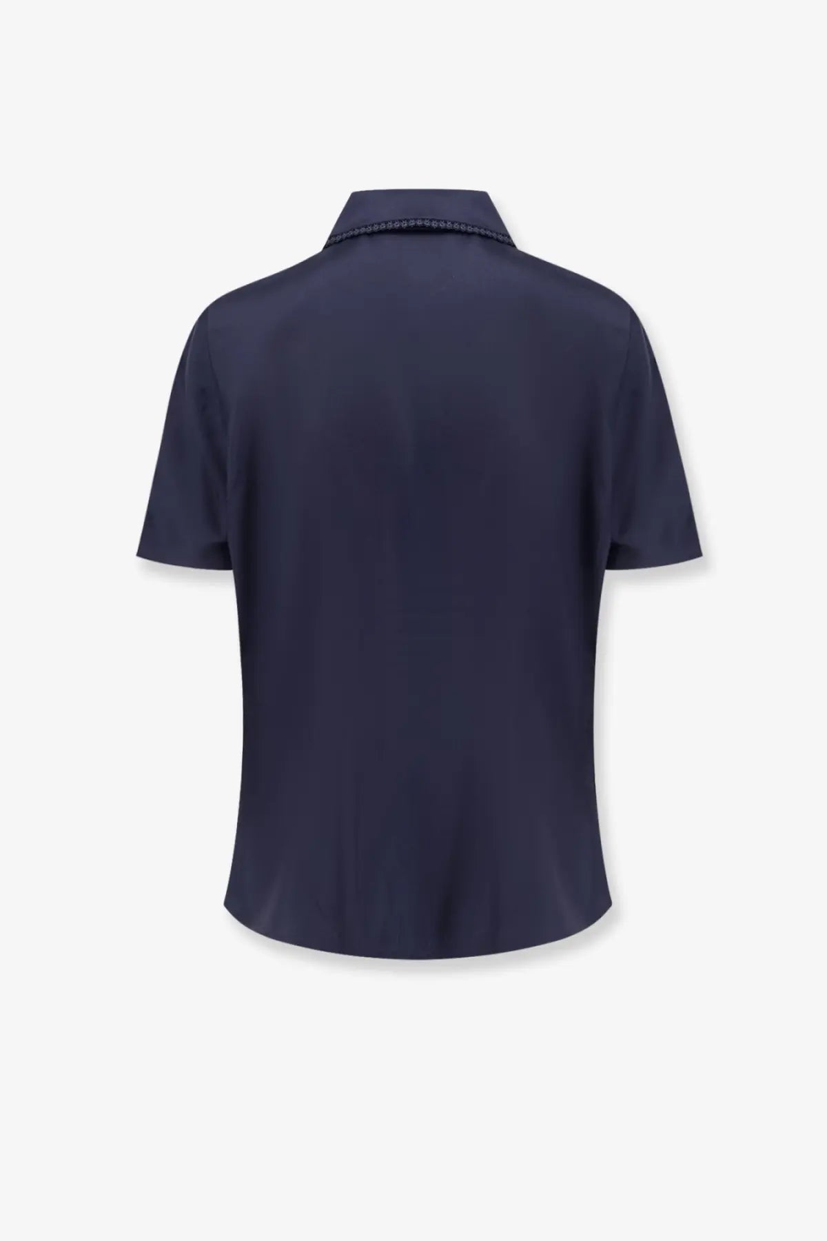 Rohe women’s silk black shirt with navy blue short sleeves and subtle textured collar trim for elegant wear