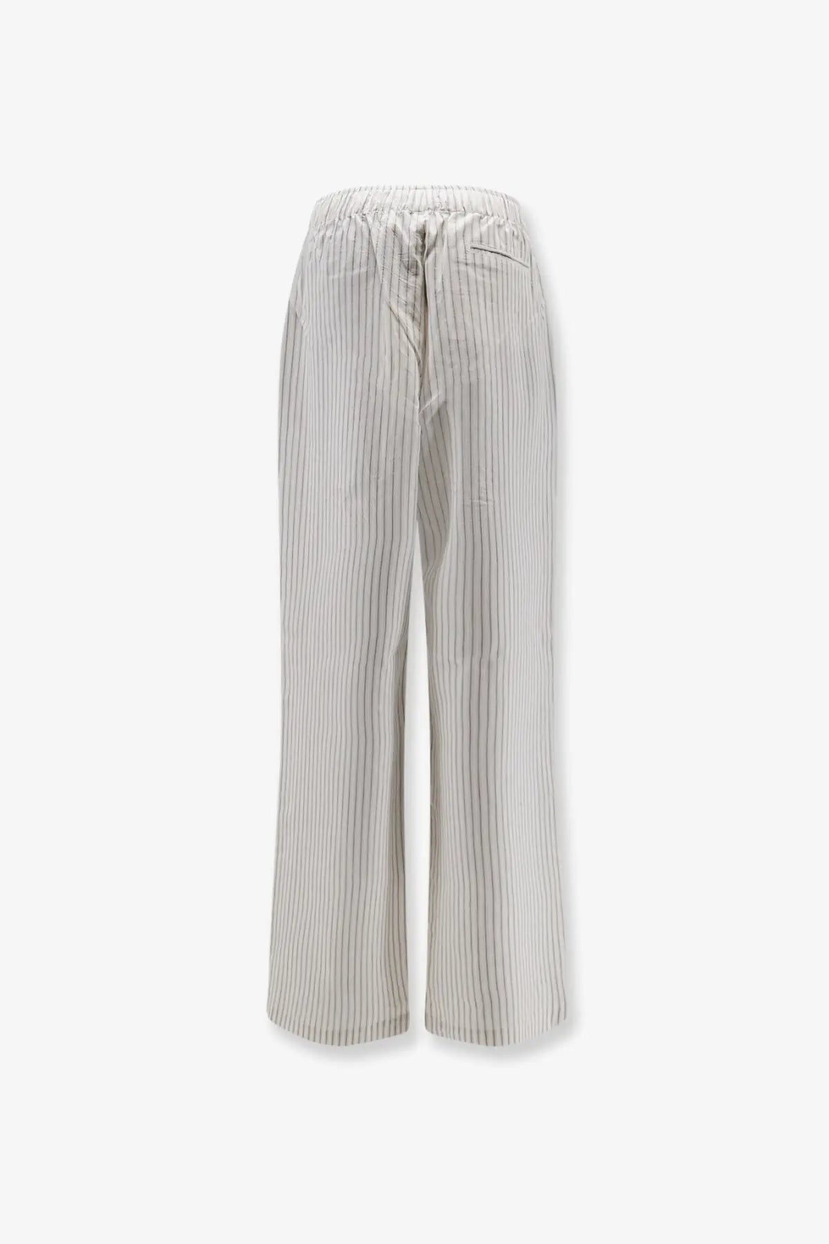 Cream-colored wide-leg silk trousers with thin vertical stripes in lightweight fabric from rohe womens finestripe collection