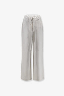 Cream-colored wide-leg silk trousers with thin vertical stripes in lightweight fabric from rohe womens finestripe collection