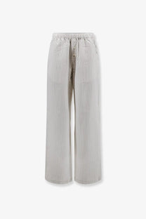 Rohe women’s silk trousers in light gray and white vertical stripes with elastic waistband and button closure