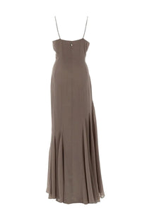 Rotate birger christensen women’s chiffon beige maxi dress with taupe silk fabric thin straps and pleated hem