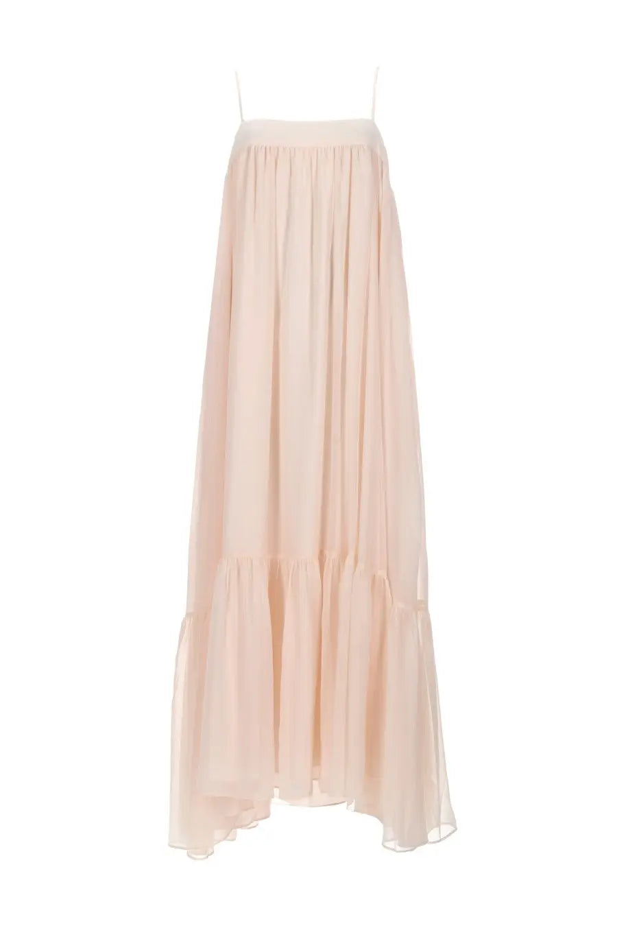 Rotate Birger Christensen women’s abito midi chiffon pink flowing maxi dress with thin straps and tiered hemline