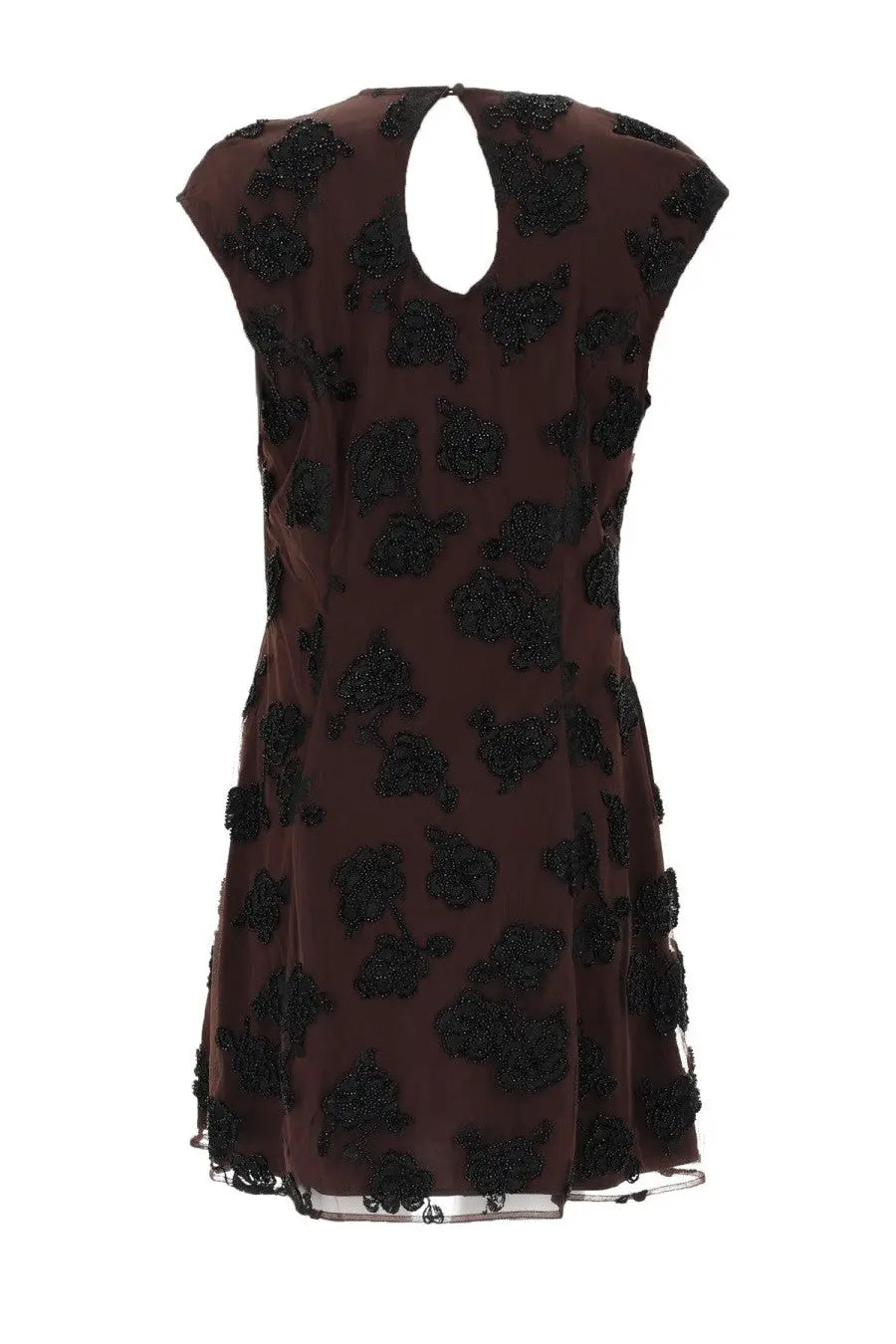 Rotate birger christensen women’s brown sleeveless mini dress with black beaded floral appliqués and keyhole back opening