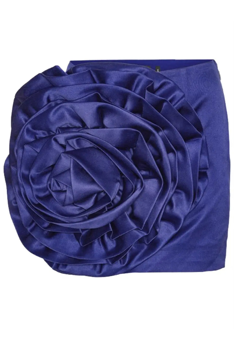 Blue satin rose accessory with layered ruffled petals and glossy finish for rotate birger christensen big flower skirt
