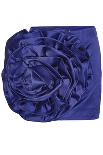 Blue satin rose accessory with layered ruffled petals and glossy finish for rotate birger christensen big flower skirt