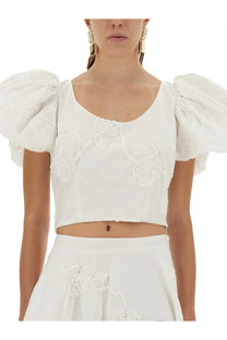 White cropped cotton blouse with puff sleeves and floral embroidery by rotate birger christensen womens top