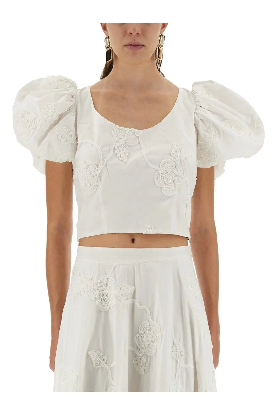 White cropped cotton blouse with puff sleeves and floral embroidery from rotate birger christensen women’s collection