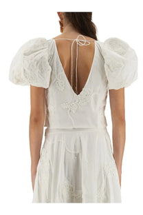 White cotton top with puff sleeves and floral embroidery by rotate birger christensen for women