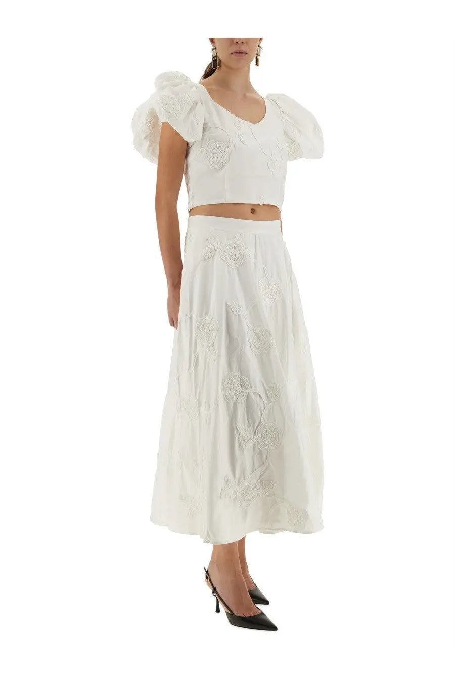 White embroidered two-piece cotton outfit with puff sleeves and flowing skirt by rotate birger christensen women