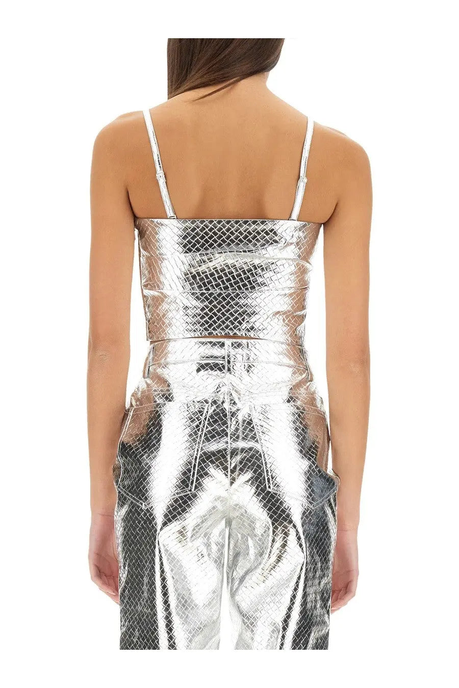 Rotate Birger Christensen women’s silver metallic snakeskin corset crop top with thin straps and cinched waist
