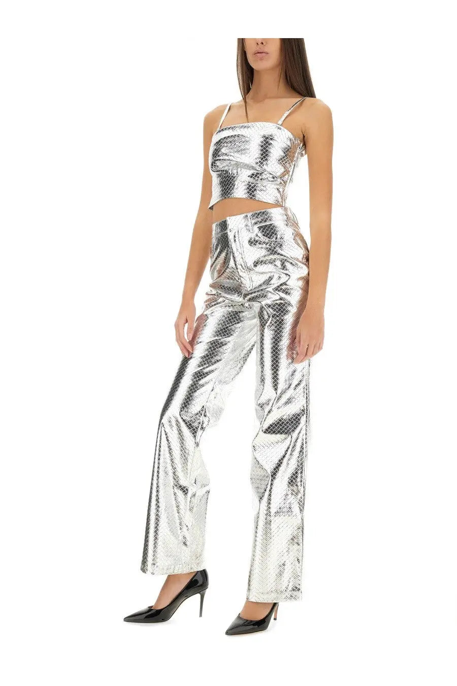 Shiny silver snakeskin-patterned two-piece outfit with cropped top and high-waisted pants by Rotate Birger Christensen