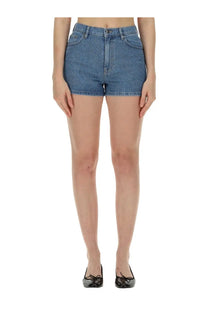 Rotate birger christensen women’s high-waisted denim shorts in medium blue wash with classic stitching and button closure