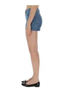 Blue denim mini skirt with classic five-pocket design and frayed hem from rotate birger christensen womens denim shorts blue