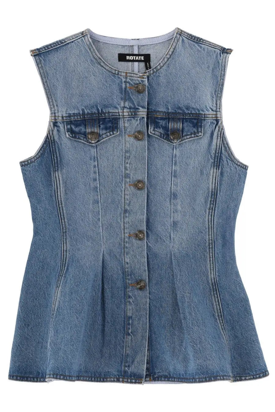 A light-wash denim sleeveless vest with button-front and chest pockets from rotate birger christensen blue