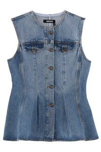 A light-wash denim sleeveless vest with button-front and chest pockets from rotate birger christensen blue