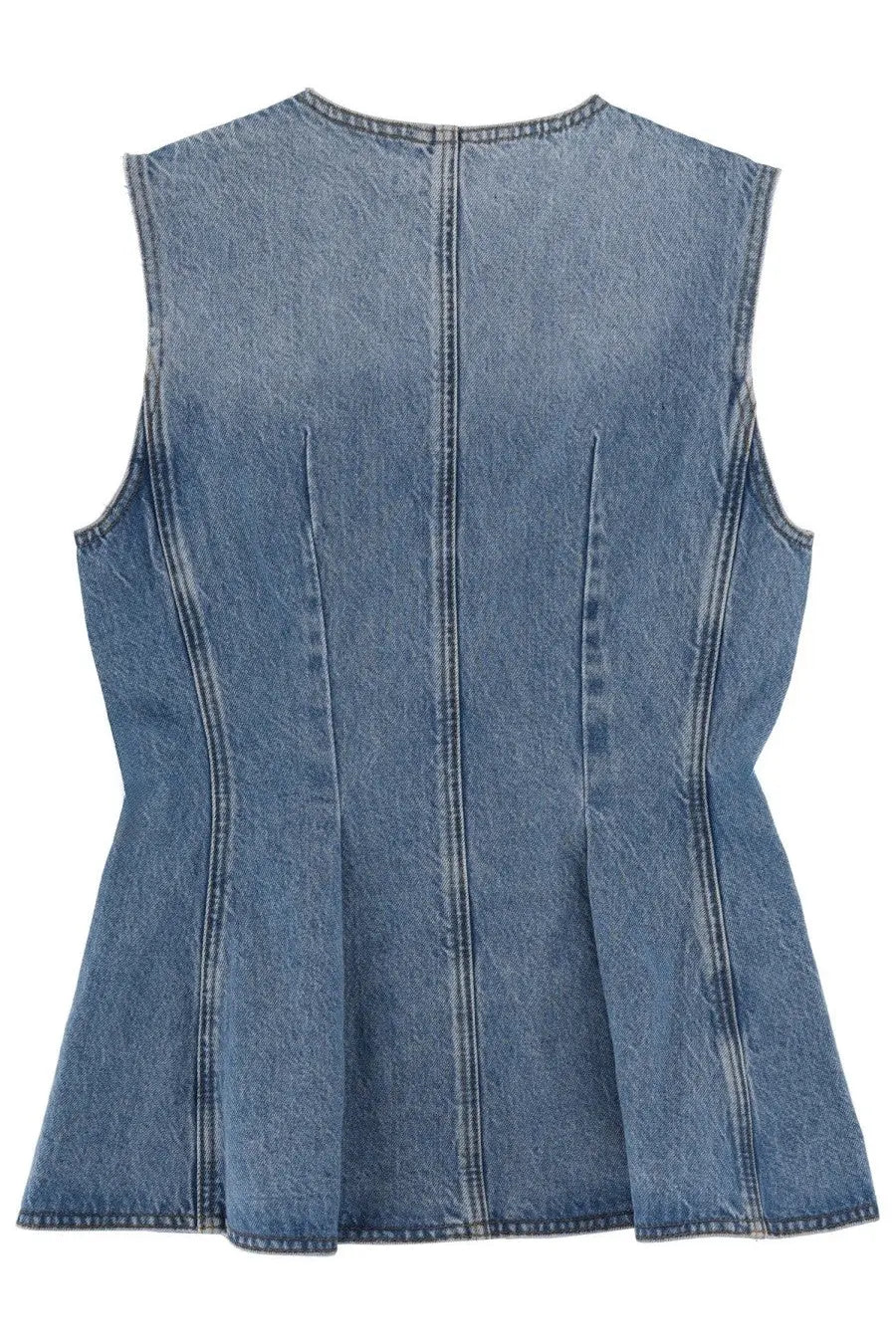 Rotate Birger Christensen women’s blue medium-wash denim sleeveless top with peplum hem and vertical seam detailing