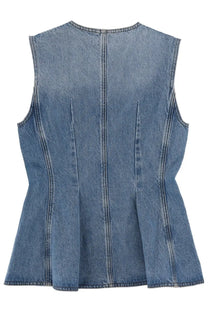 Rotate Birger Christensen women’s blue medium-wash denim sleeveless top with peplum hem and vertical seam detailing
