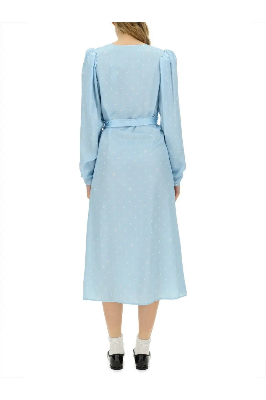 Rotate Birger Christensen women’s light blue midi dress with white polka dots puffed sleeves and matching waist belt