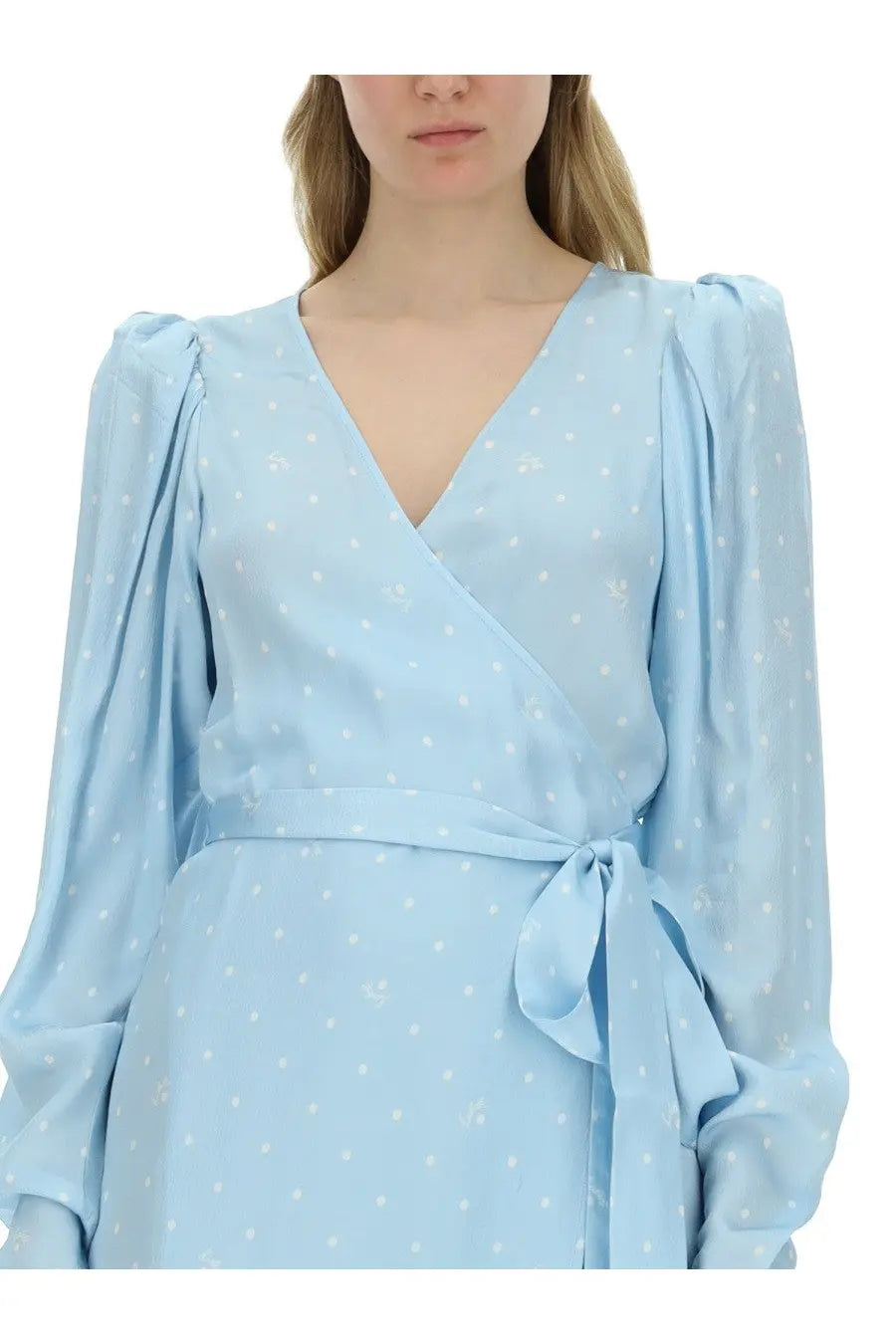Rotate Birger Christensen women’s light blue wrap dress with white polka dots and puffed sleeves cinched at waist
