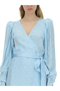 Rotate Birger Christensen women’s light blue wrap dress with white polka dots and puffed sleeves cinched at waist