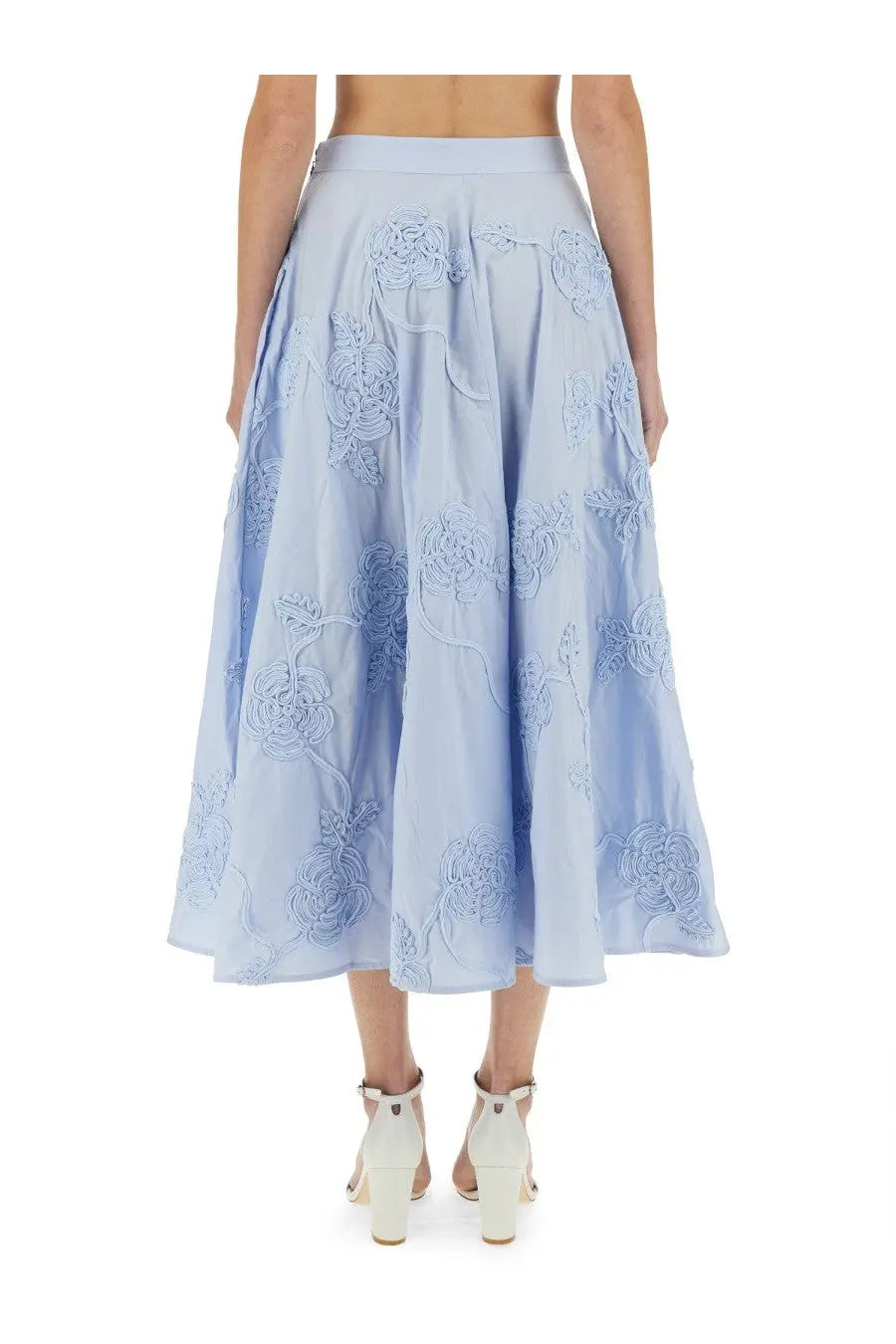 Rotate Birger Christensen women’s light blue flowing midi skirt with intricate floral embroidery in matching hue
