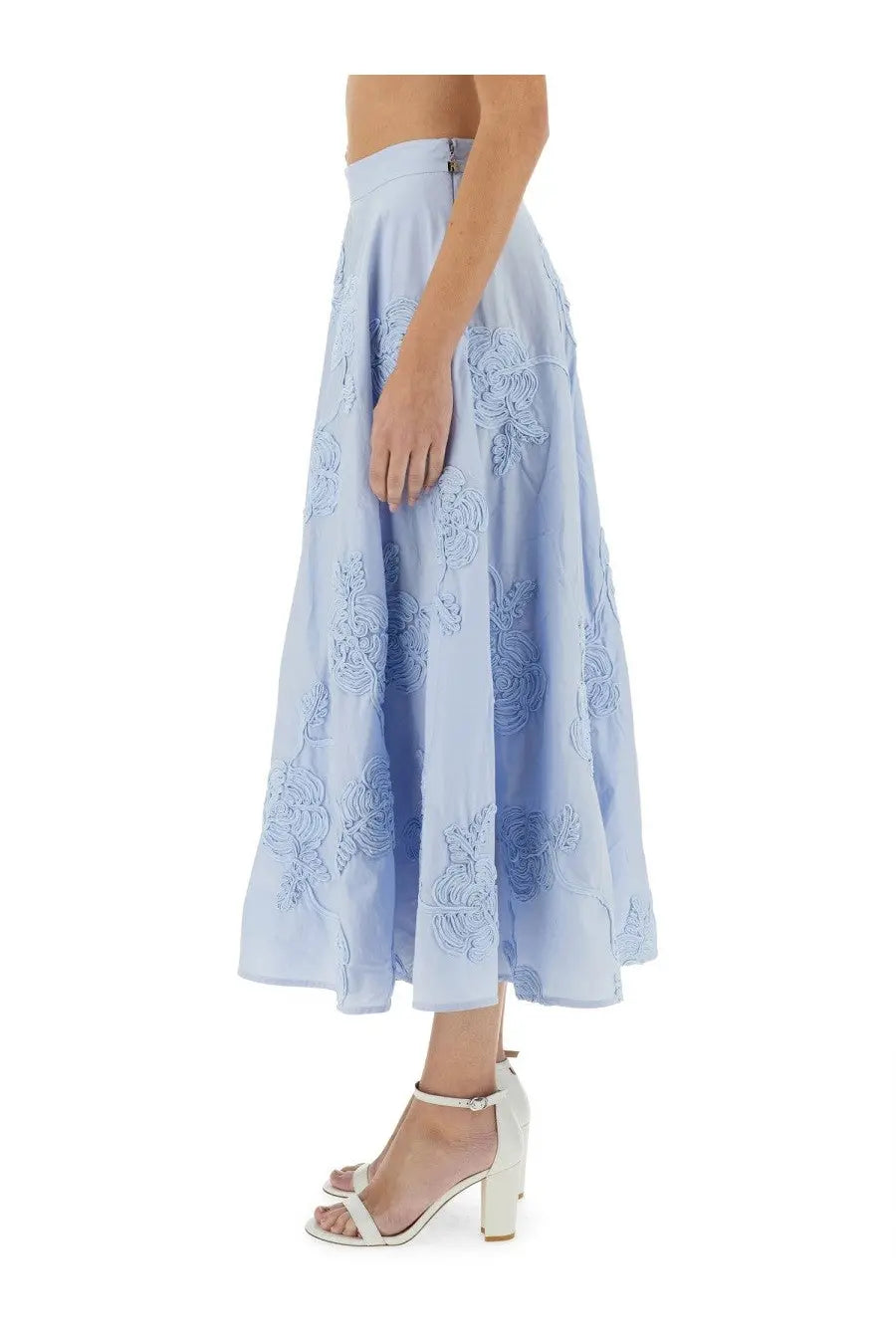 Rotate Birger Christensen women’s light blue flowing midi skirt with delicate floral embroidery along its length