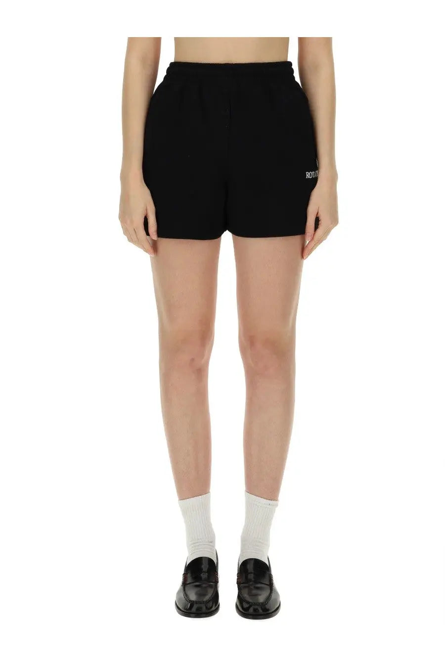 Rotate Birger Christensen women’s black high waisted sweatshorts with subtle white logo on the left leg