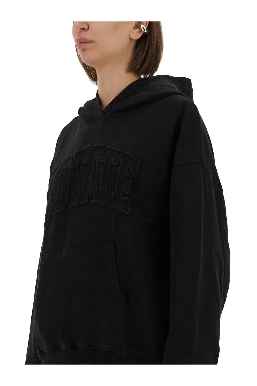 Rotate Birger Christensen women’s black oversized hoodie with bold raised state lettering on the chest
