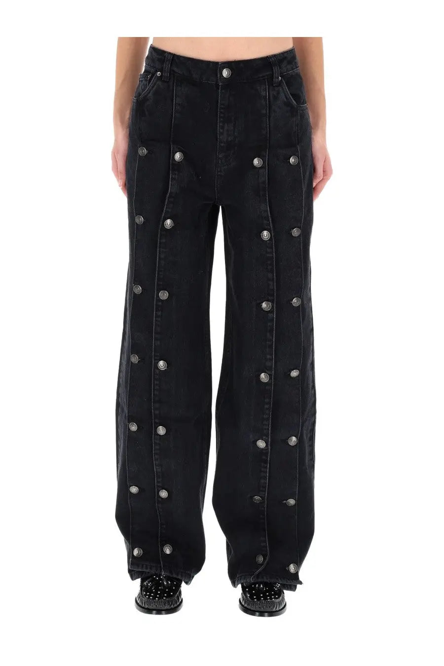 Rotate Birger Christensen women’s black denim wide-leg jeans with silver buttons down the front seams