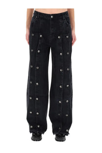 Rotate Birger Christensen women’s black denim wide-leg jeans with silver buttons down the front seams