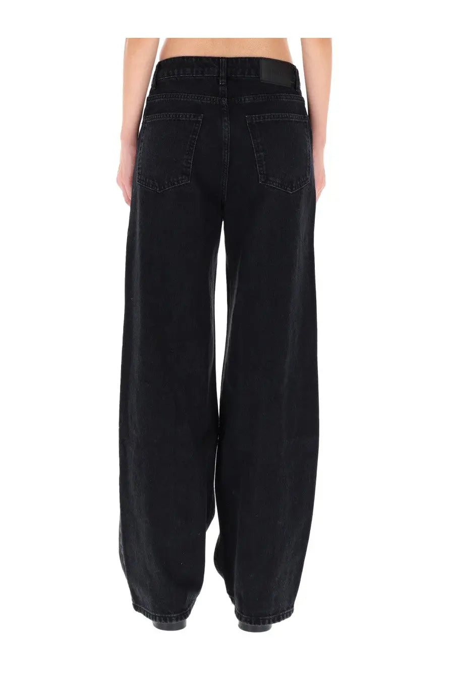 Rotate birger christensen women’s black denim jeans with wide-leg straight-cut silhouette and classic back pockets shown from back