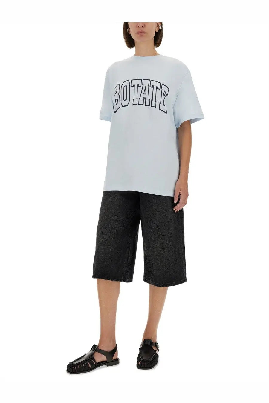 Light blue oversized jersey shirt from rotate birger christensen with black arched rotate print on chest