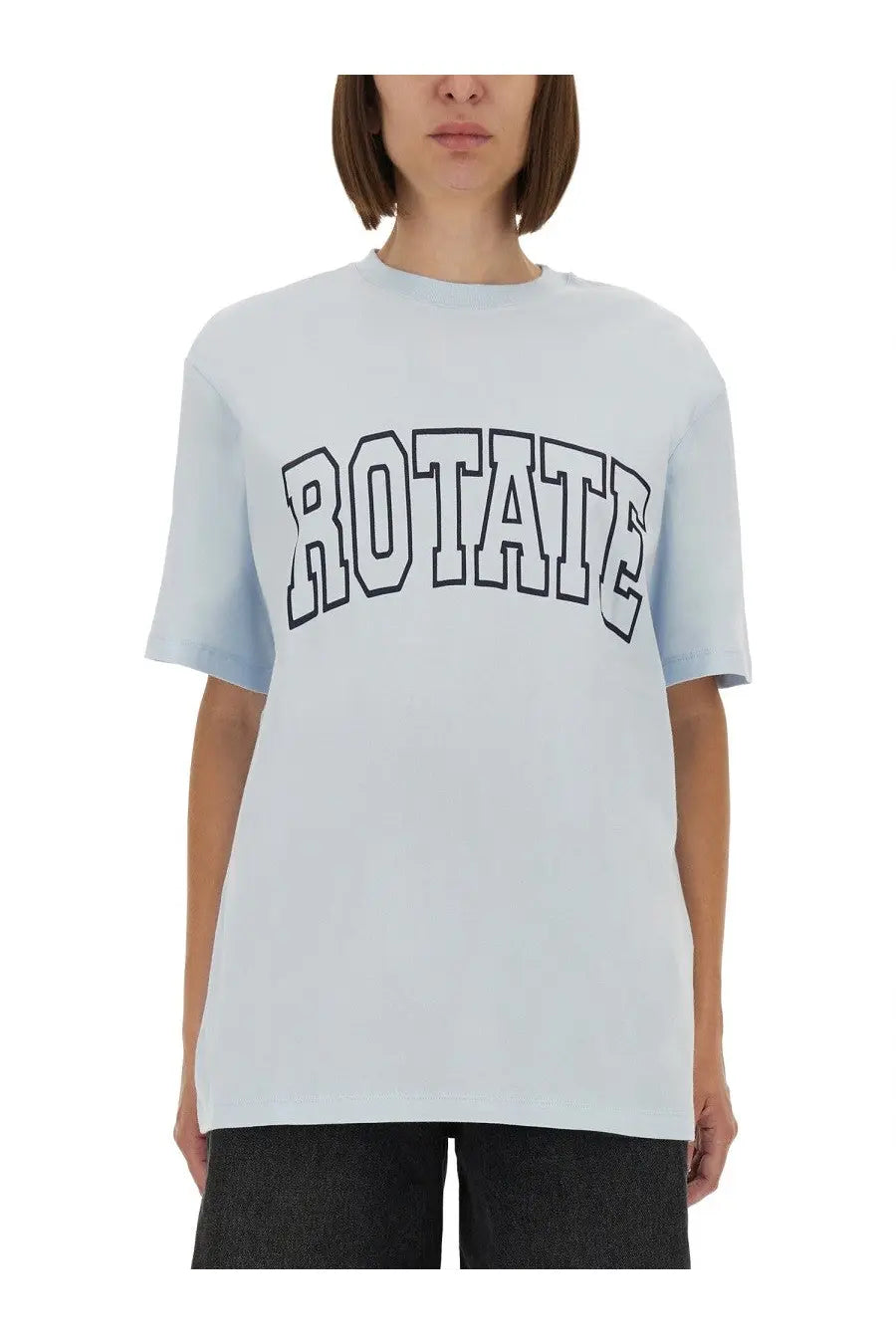 Light blue oversized jersey t-shirt with bold black rotate lettering by Rotate Birger Christensen for women