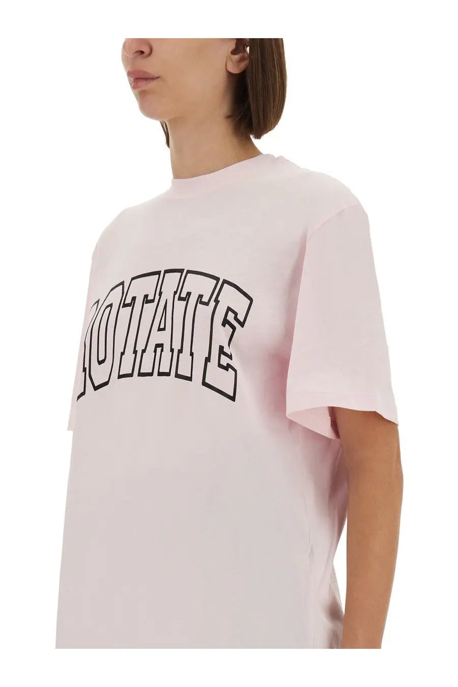 Rotate birger christensen women’s soft pink oversized jersey t-shirt with bold black arched lettering on chest